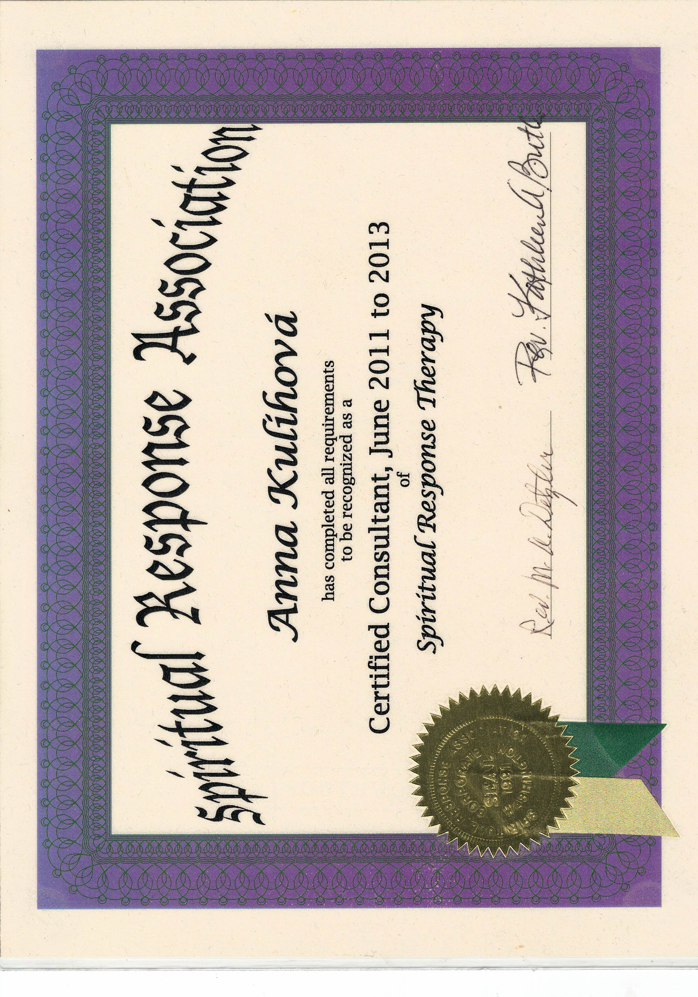 Certifikát konzultantky SRT — Anna Kulihová, SRA