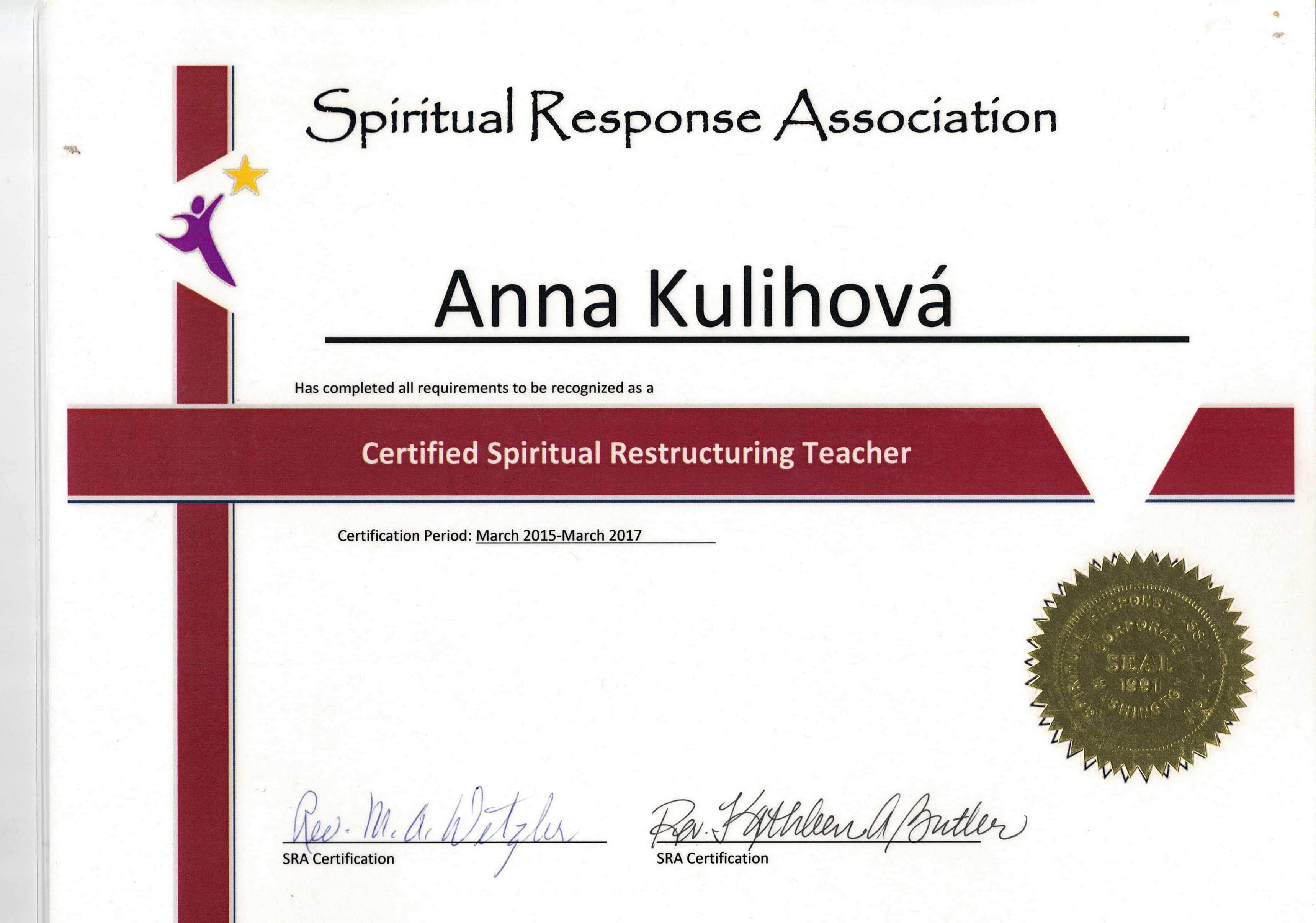 Certifikát lektorky Spiritual Restructuring (SpR) — Anna Kulihová, SRA