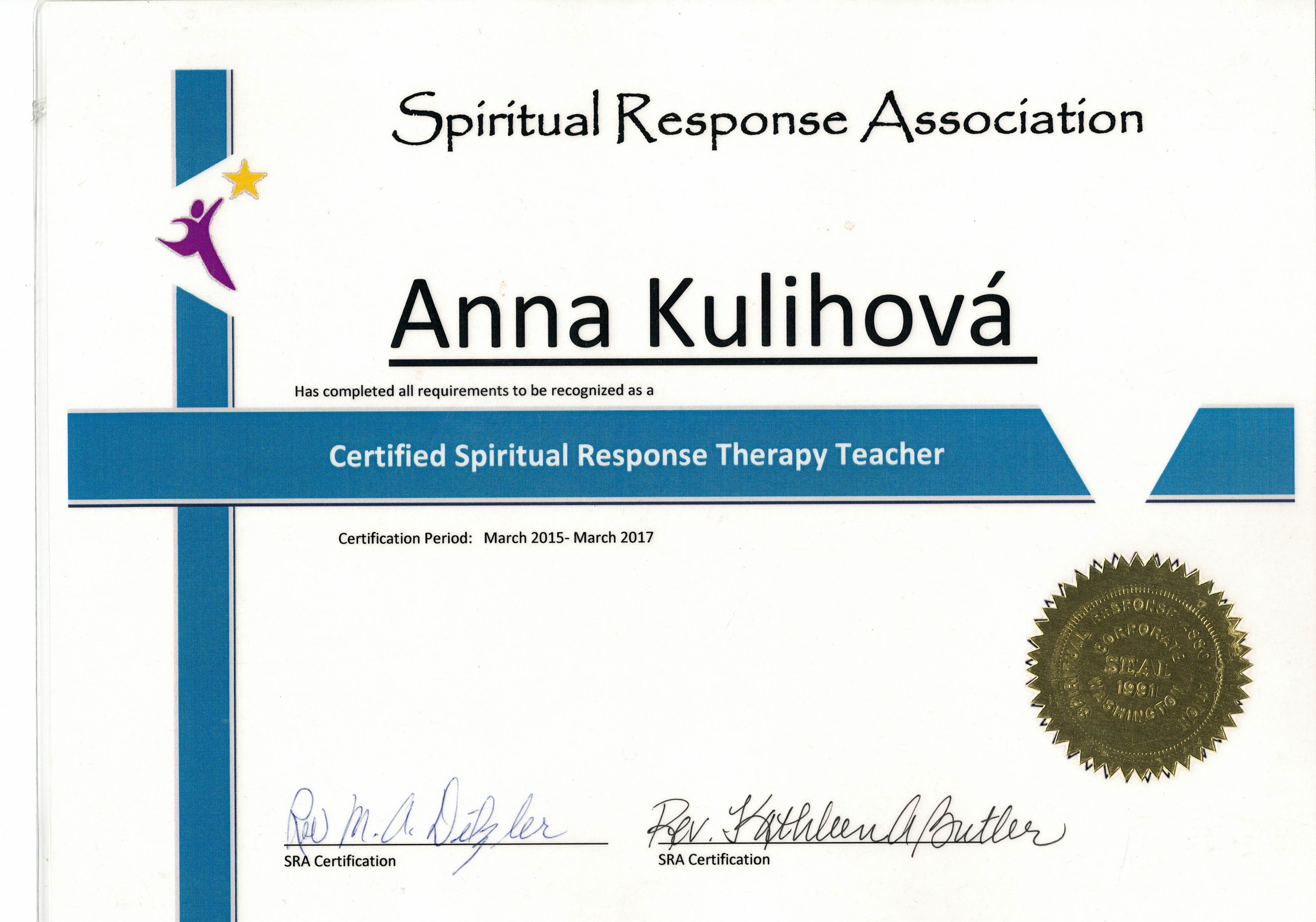 Certifikát lektorky Spiritual Response Therapy — Anna Kulihová, SRA